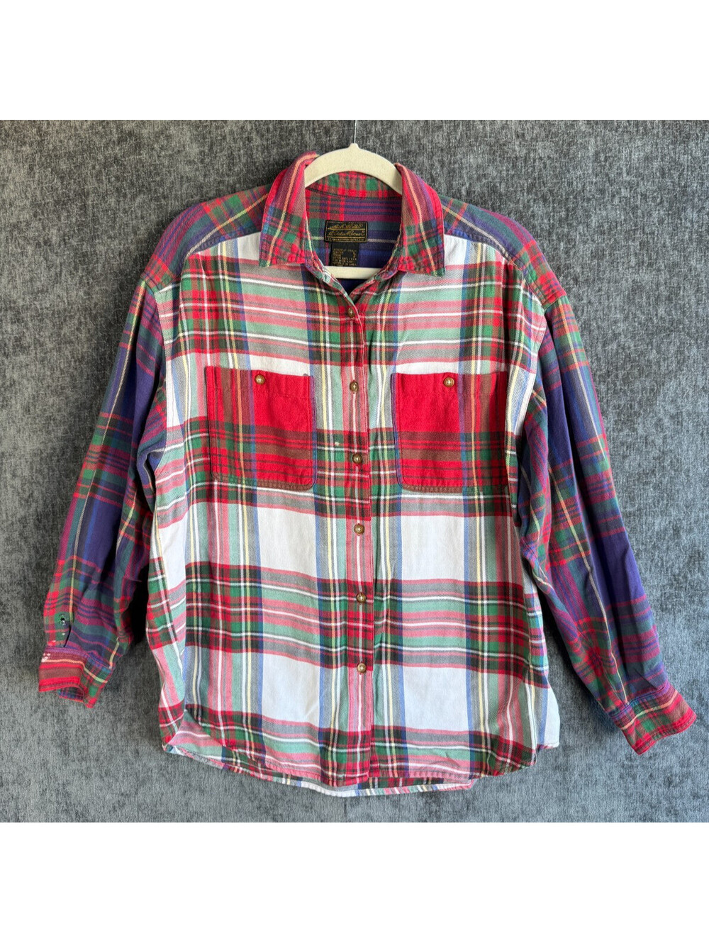 Vtg 90s Eddie Bauer Womens L Colorblock Mixed Plaid Flannel Shirt Cotton